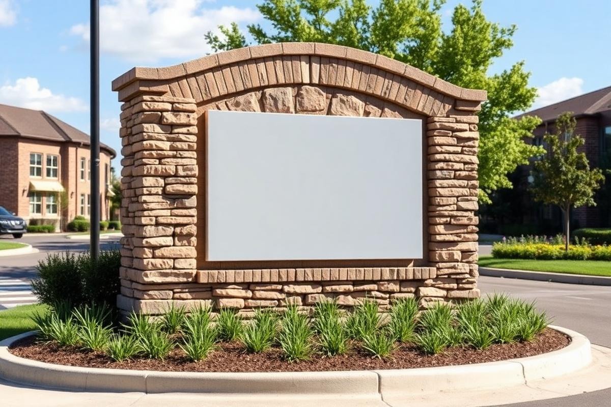 Stone commercial monument sign at the entrance of an office park